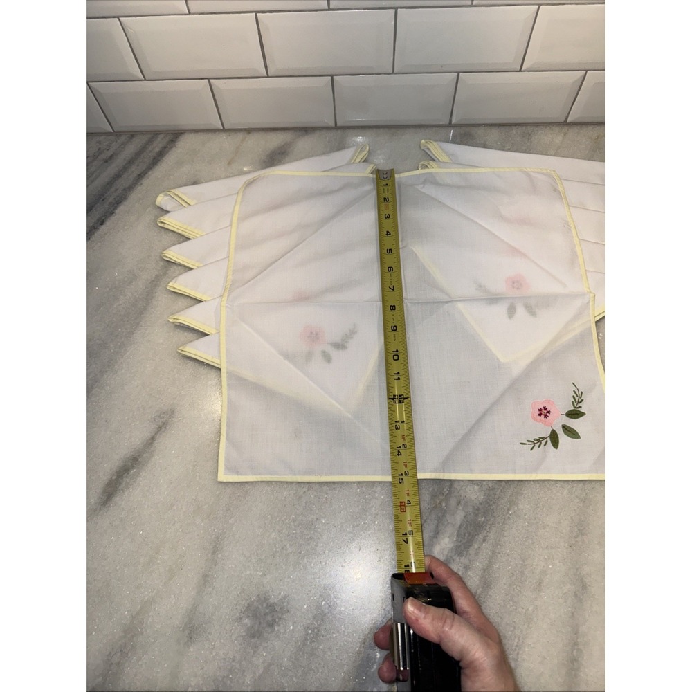 Vintage Hankercheif Napkins White Appliqué Pink Flower Yellow Border Set of 12 - Picture 8 of 8